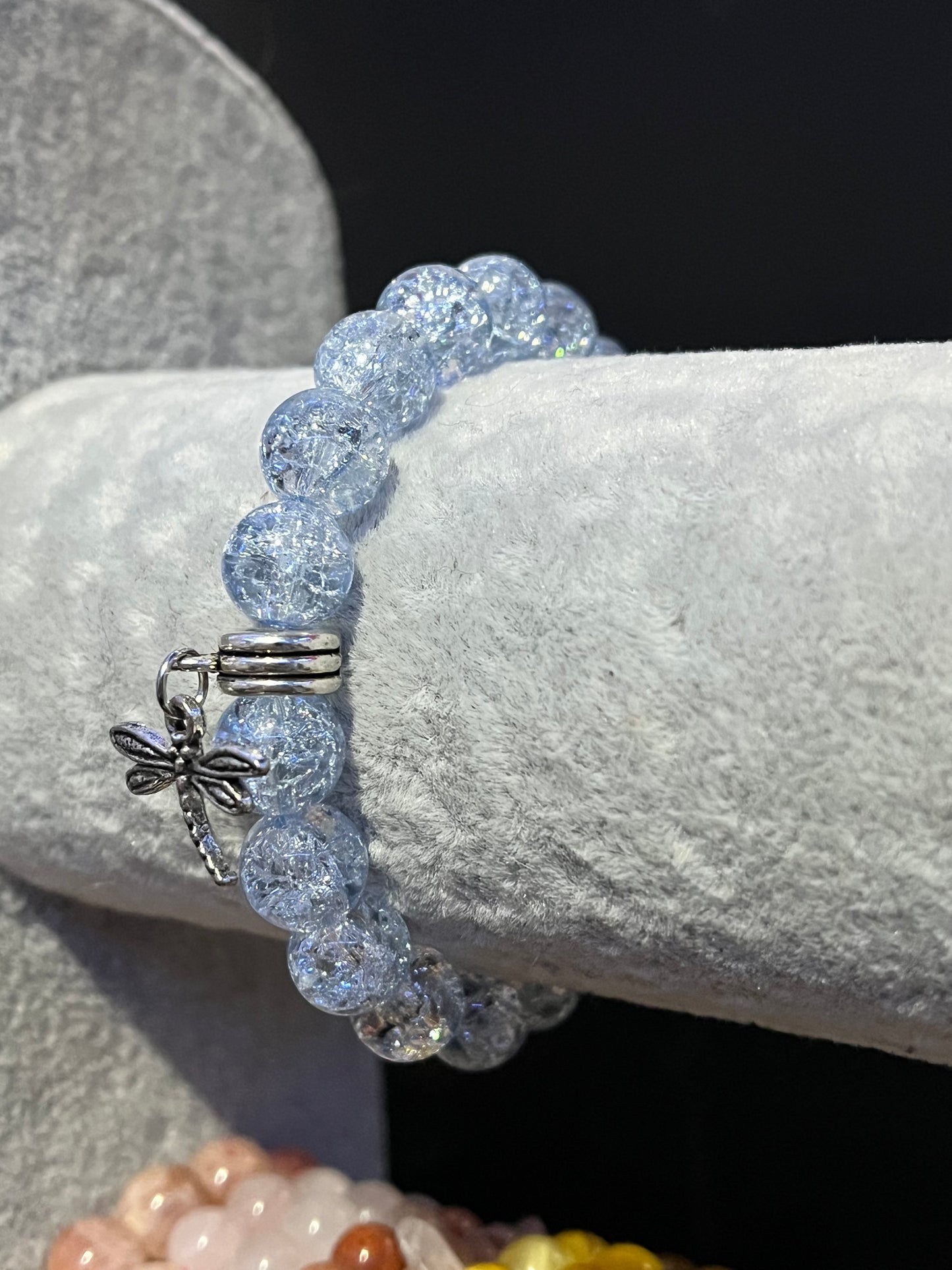Light blue glass bracelet with silver dragonfly