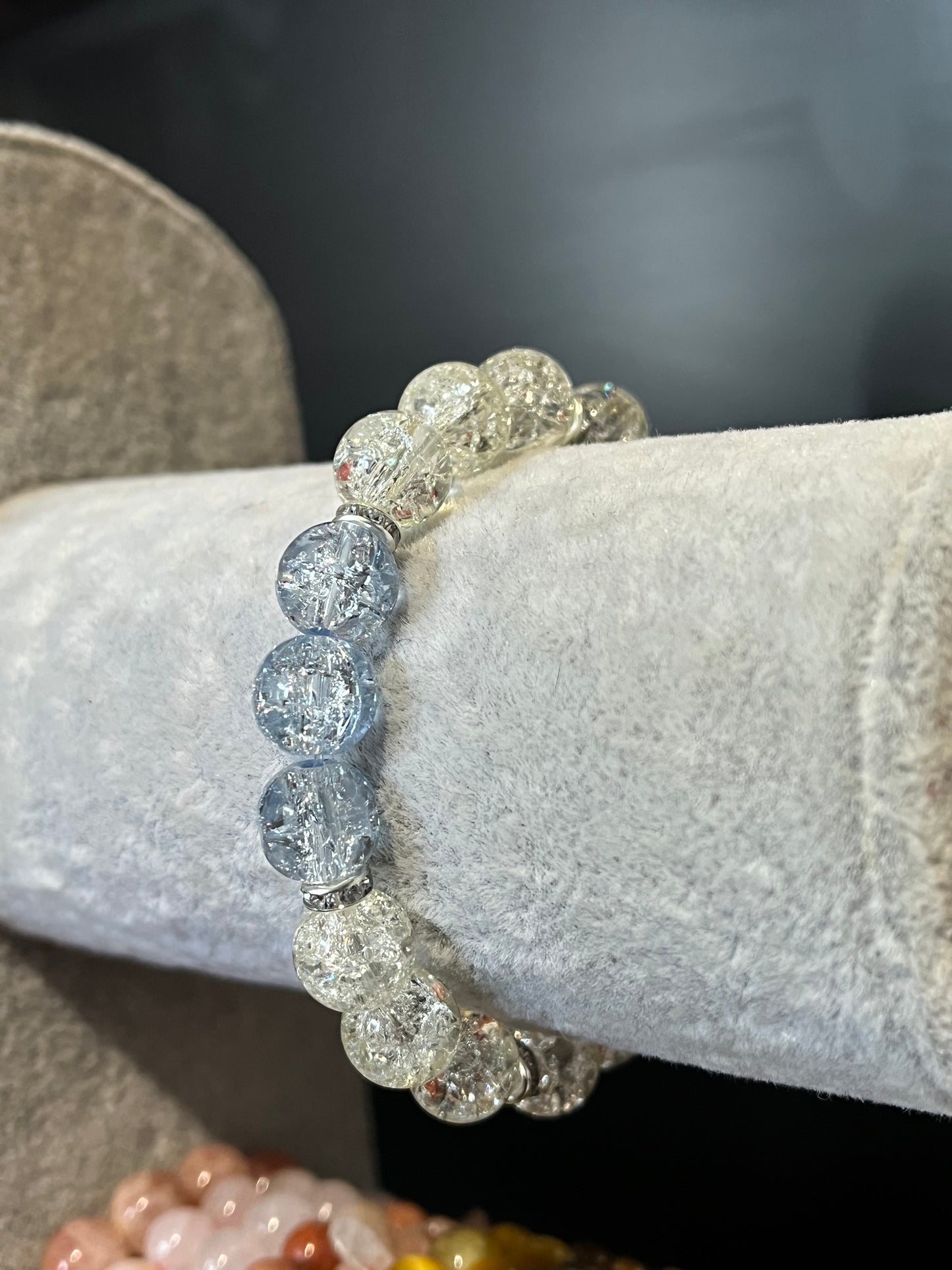 White and blue cracked glass bracelet with silver separators ￼