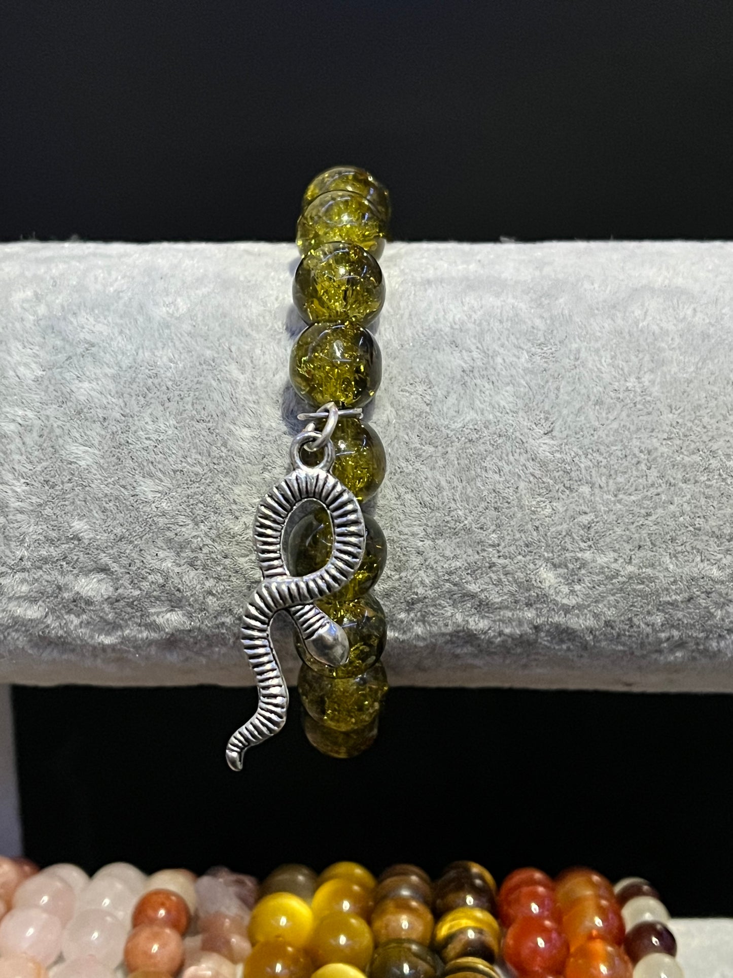 Green Bracelet with silver snake