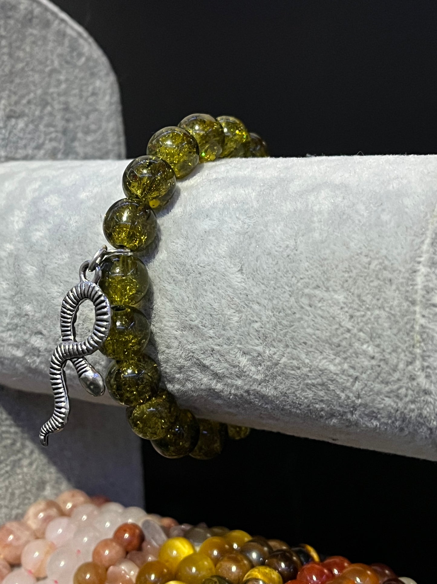Green Bracelet with silver snake