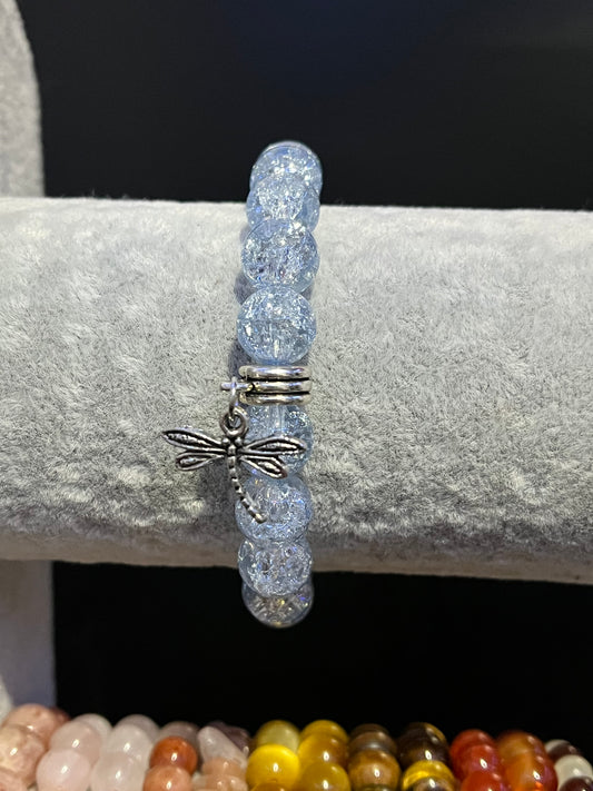 Light blue glass bracelet with silver dragonfly