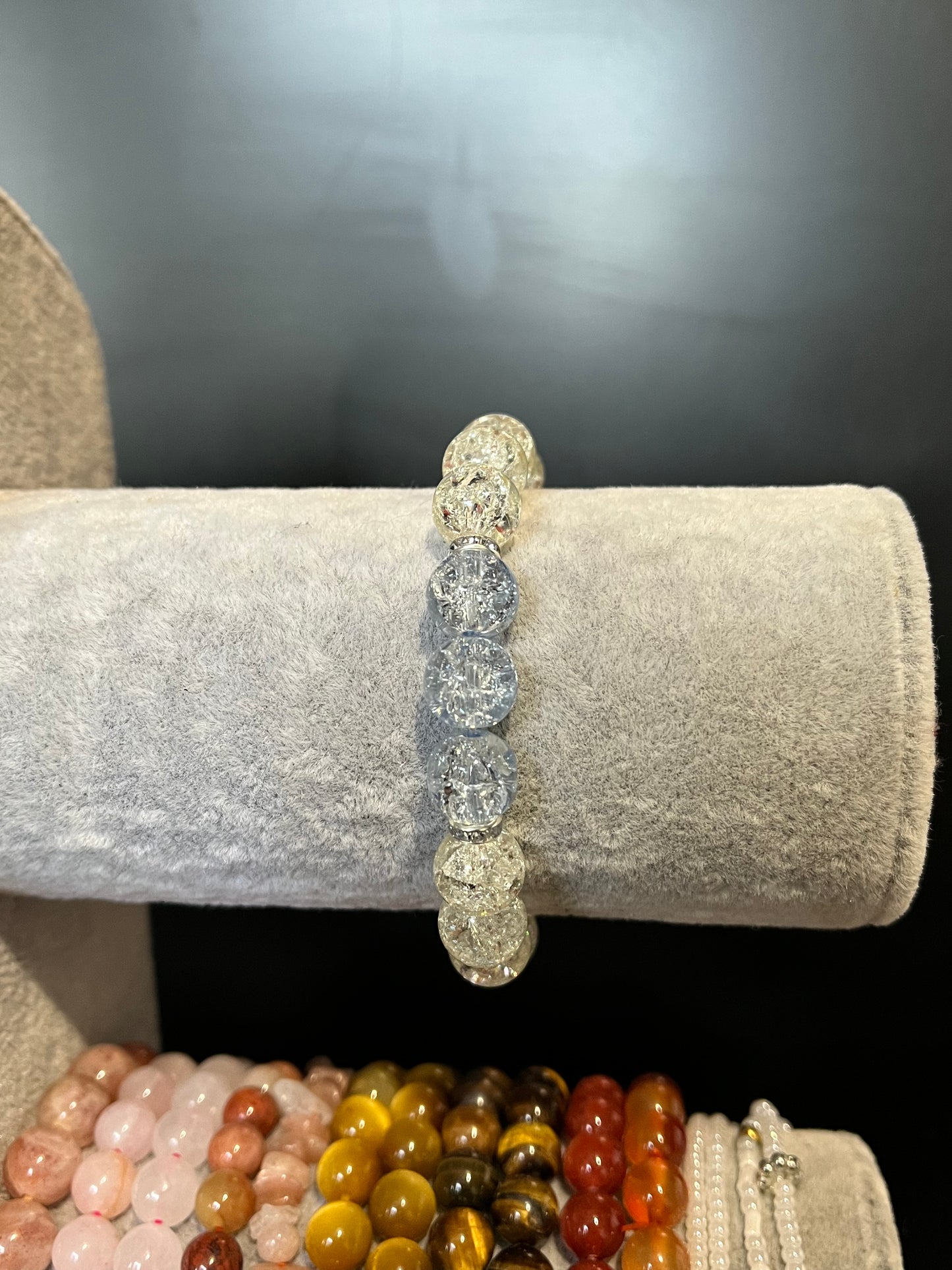 White and blue cracked glass bracelet with silver separators ￼